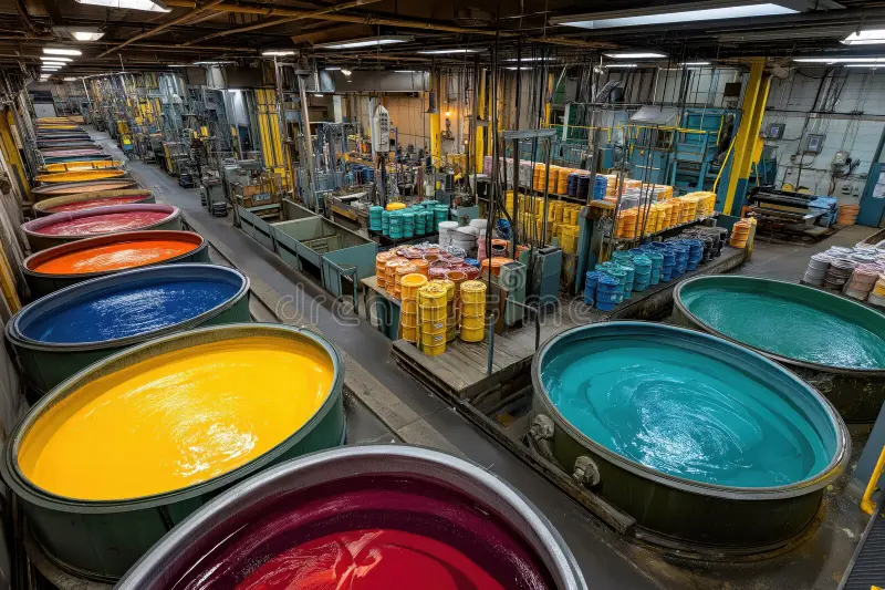 large vats stir bright paint batches technicians oversee color quality prepare final packaging industrial production 396904847